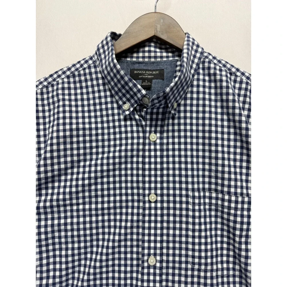Banana Republic Soft‎ Wash Slim Fit Shirt Mens L Blue White Gingham Button Down